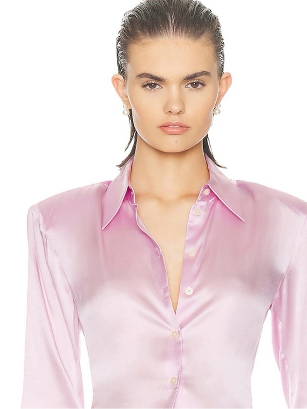 Express Women's Satin Button-Down Shirt in Soft Blush - Picture 13 of 14